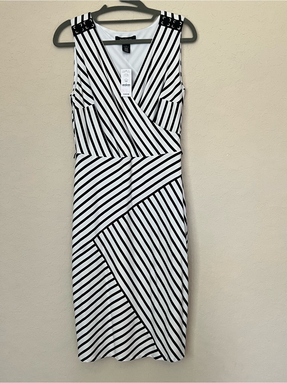 White House Black Market Black and White Striped V-Neck Sheath Dress